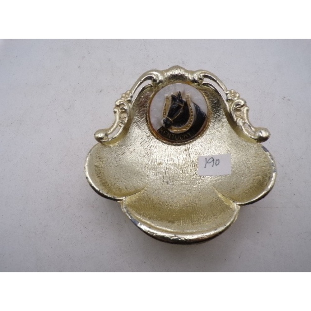 Vintage Kentucky Horse Head Horseshoe Gold Tone Metal Shell Trinket Dish Tray